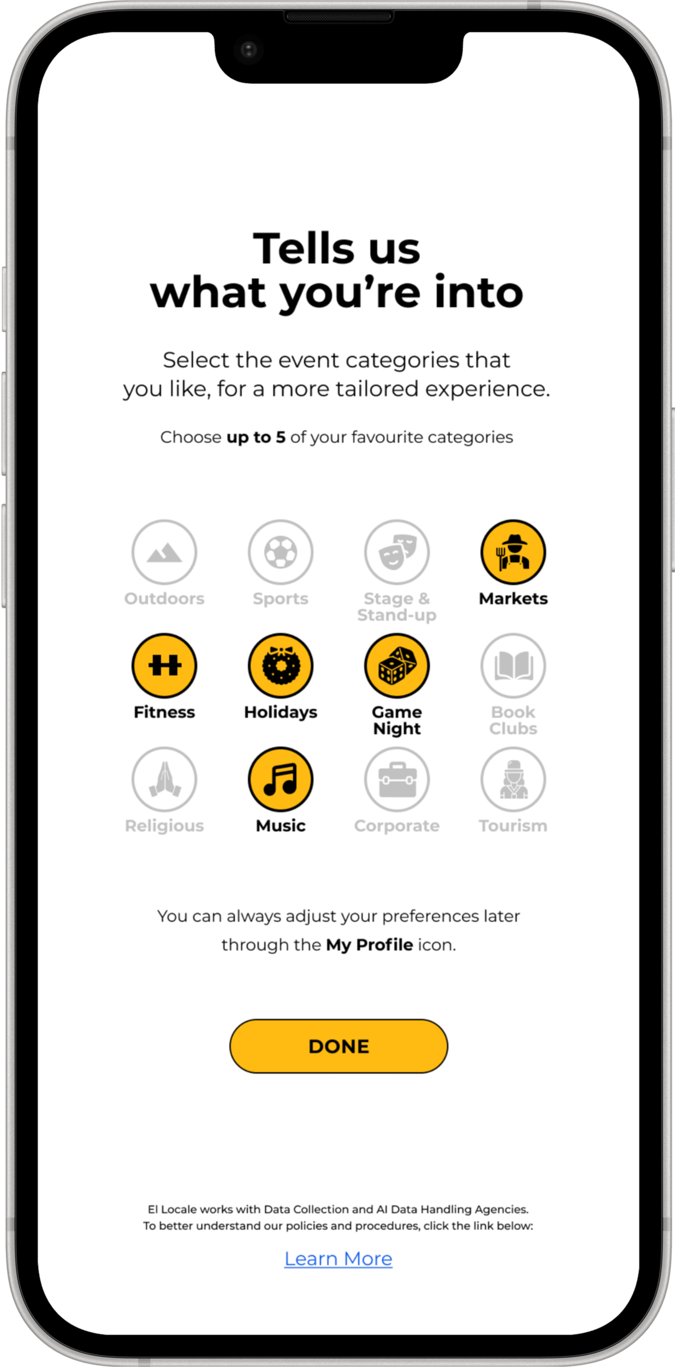 El Locale Interest Screen – Tell us what you're into