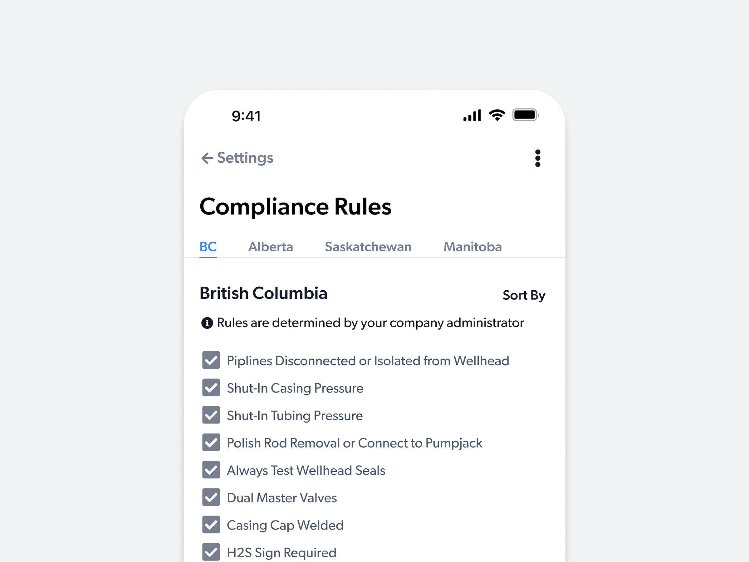 Connect mobile screen showing customizable Compliance Rules organized by province, with per-region checklists managed by a company administrator
