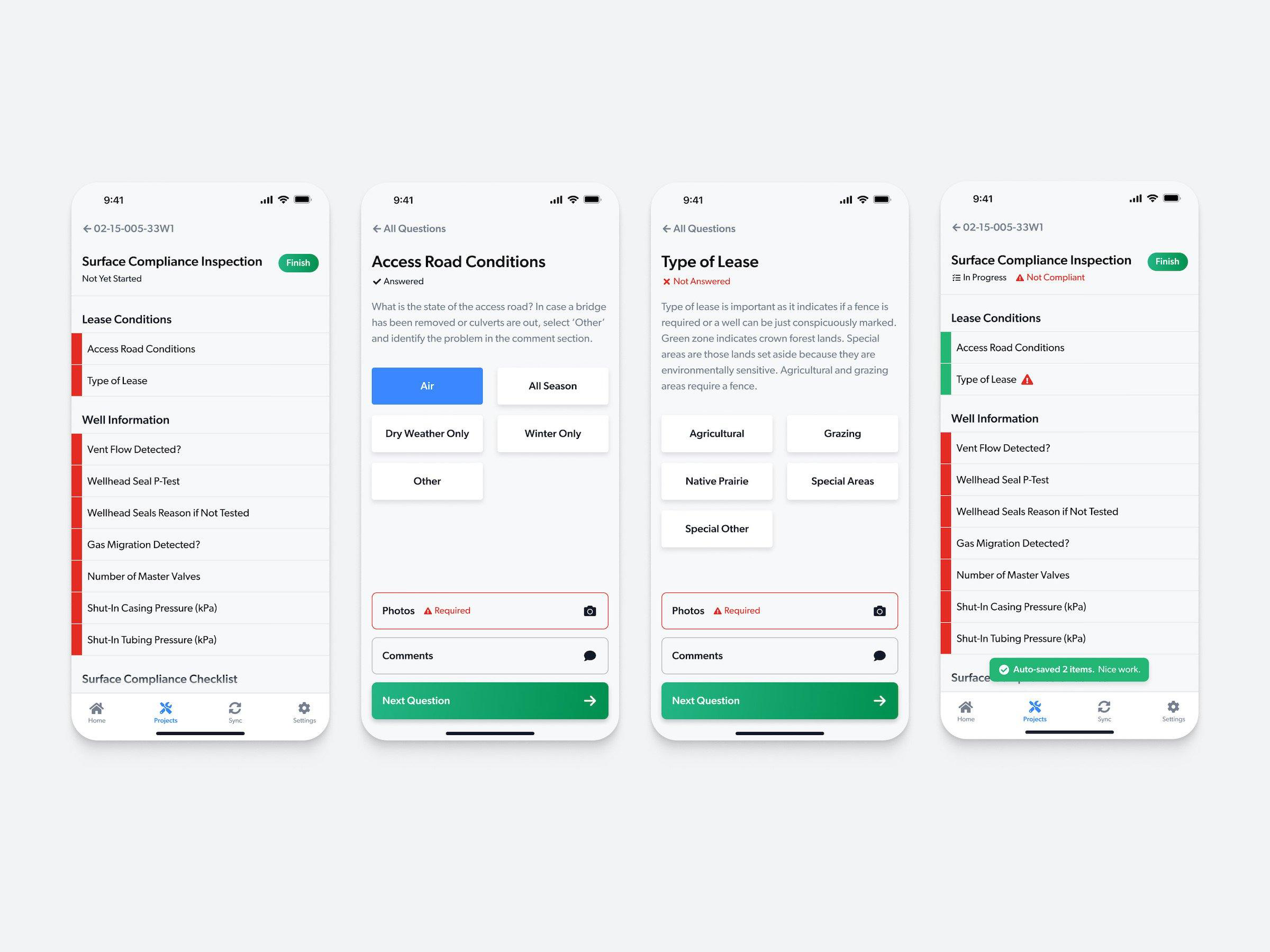 Four Connect mobile screens of the Surface Compliance Inspection checklist with answered, unanswered and non-compliant states