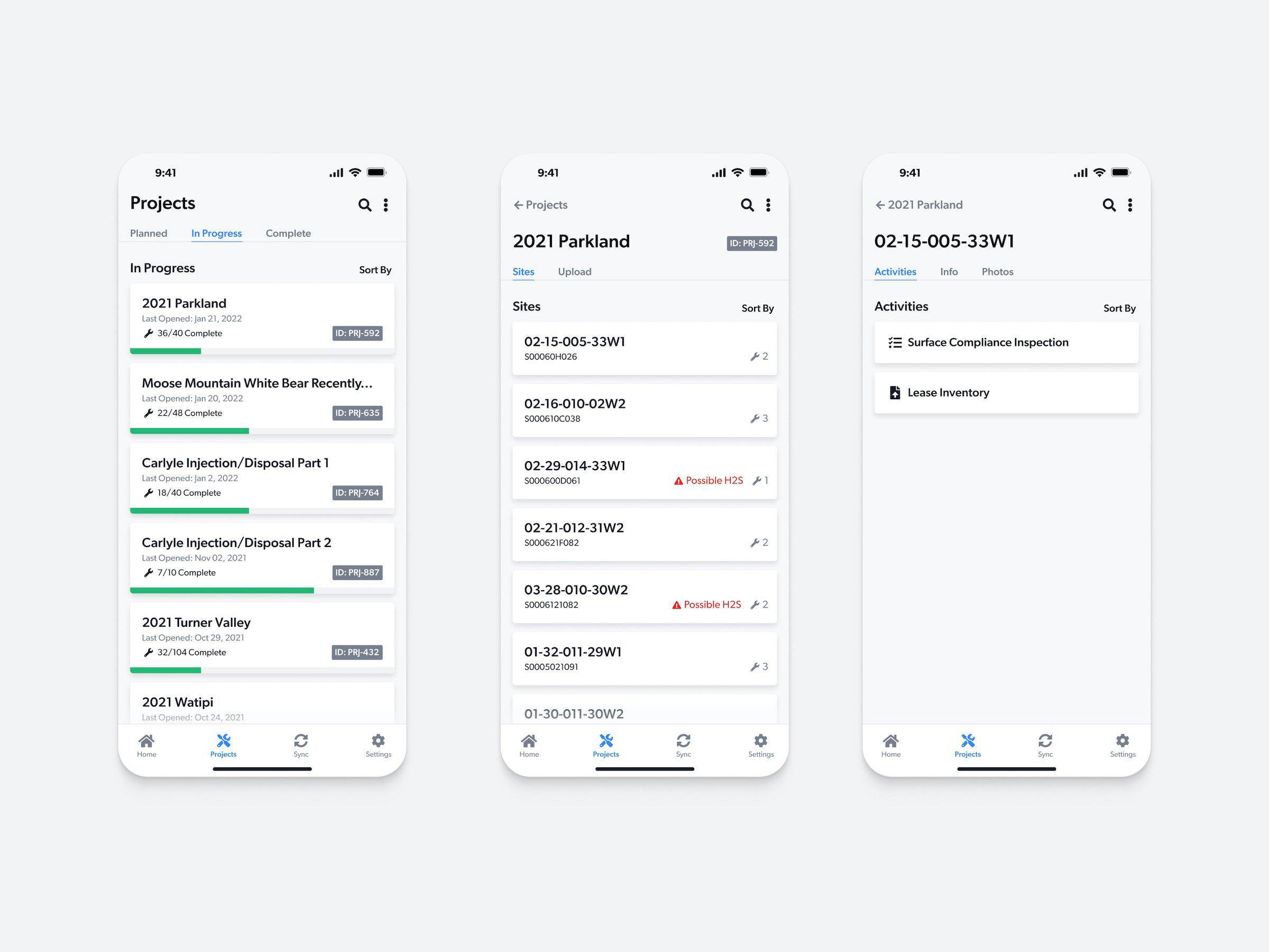 Three Connect mobile screens navigating from projects to sites to activities, with a Possible H2S alert flagged on two sites