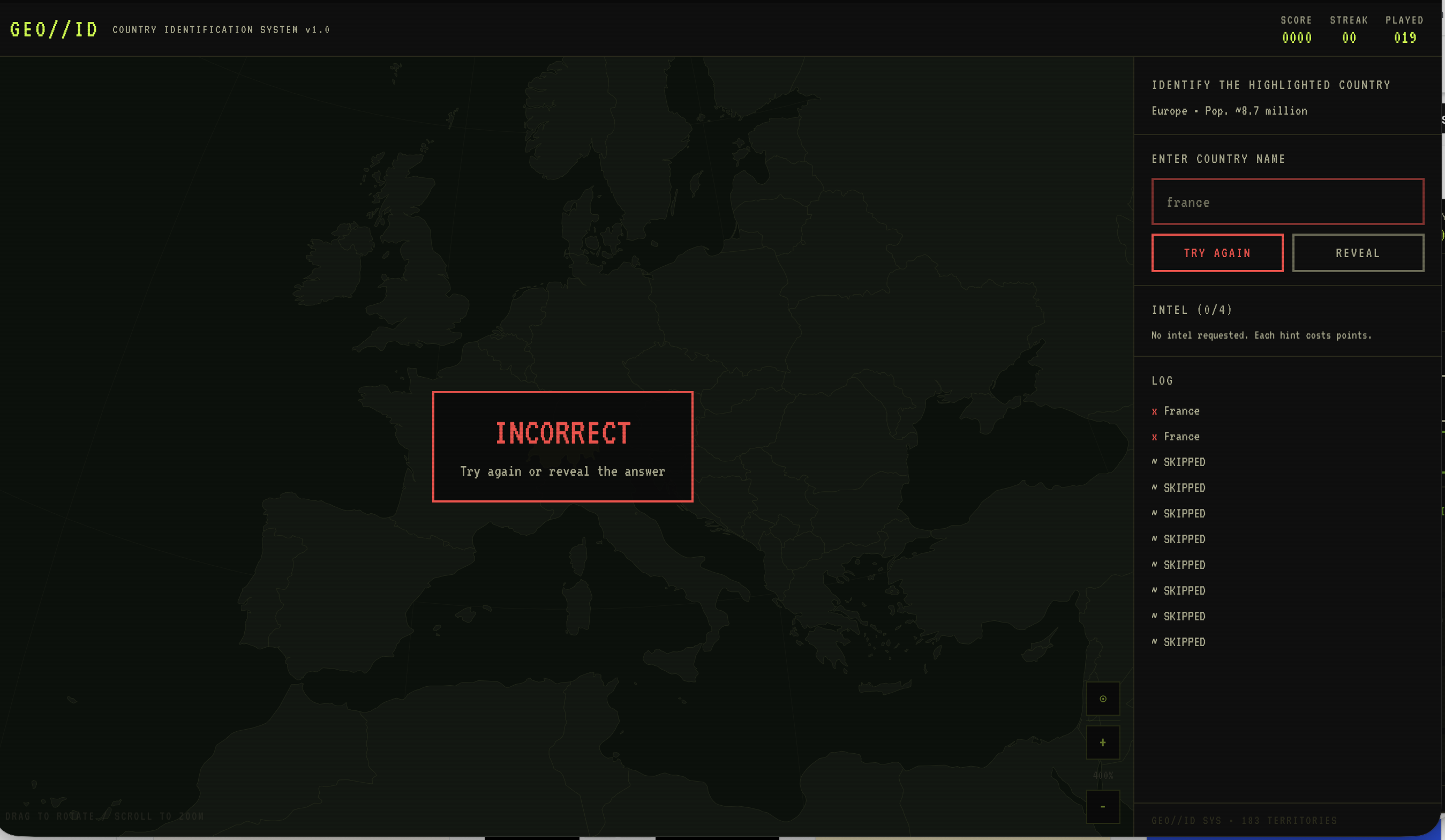 GEO ID incorrect-guess feedback state showing a red INCORRECT message with Try Again and Reveal options alongside a running log of attempts
