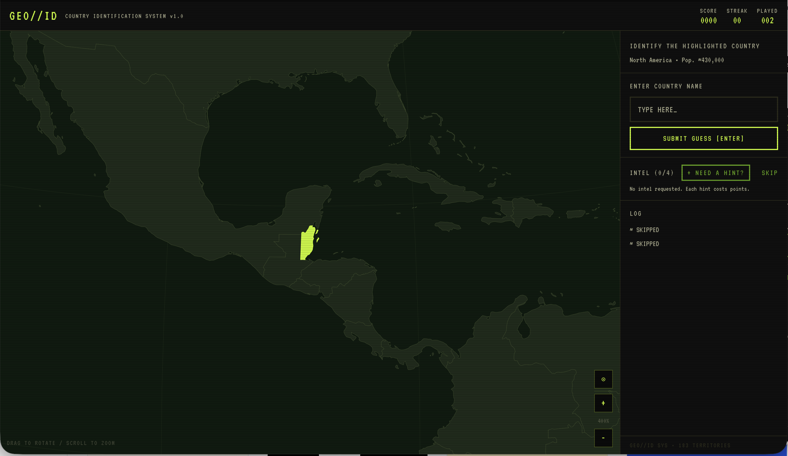 GEO ID zoomed to 400% on Central America with the small nation of Belize highlighted, showing how deep zoom keeps small countries discoverable