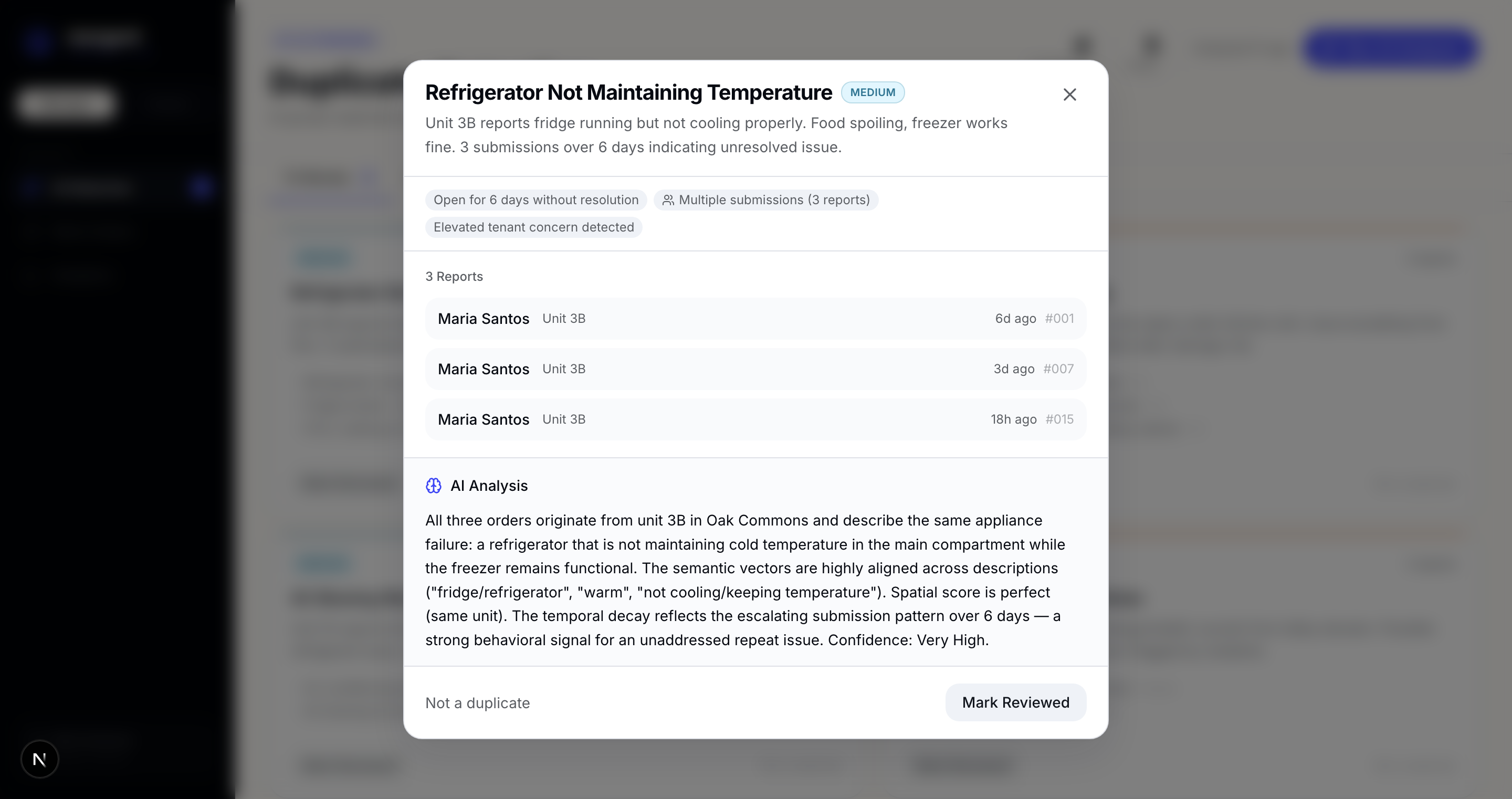 Issue detail modal showing grouped tenant reports, escalation signals, and an explainable AI Analysis with a confidence rating