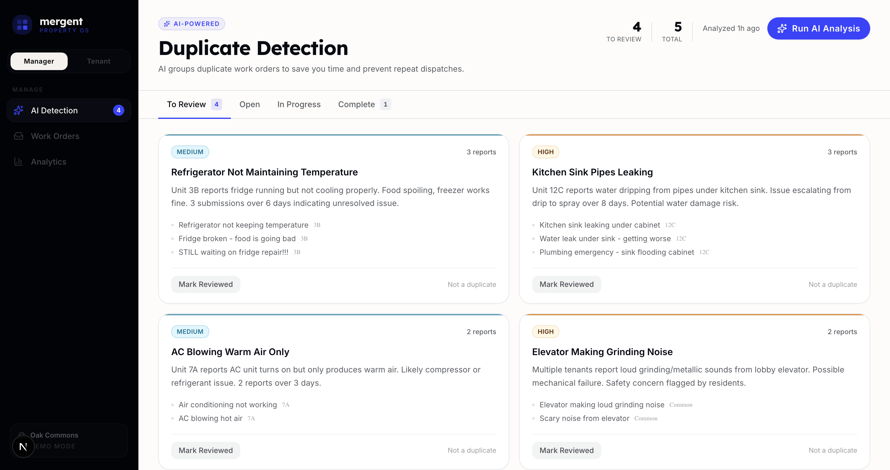 AI-powered Duplicate Detection screen grouping related work orders into reviewable clusters with severity levels and manager actions